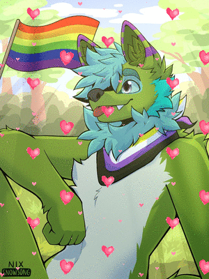 Griffin sitting in a reclined position in a forest with a rainbow flag, wearing a bandana with the non-binary flag. Hearts are floating around the image.