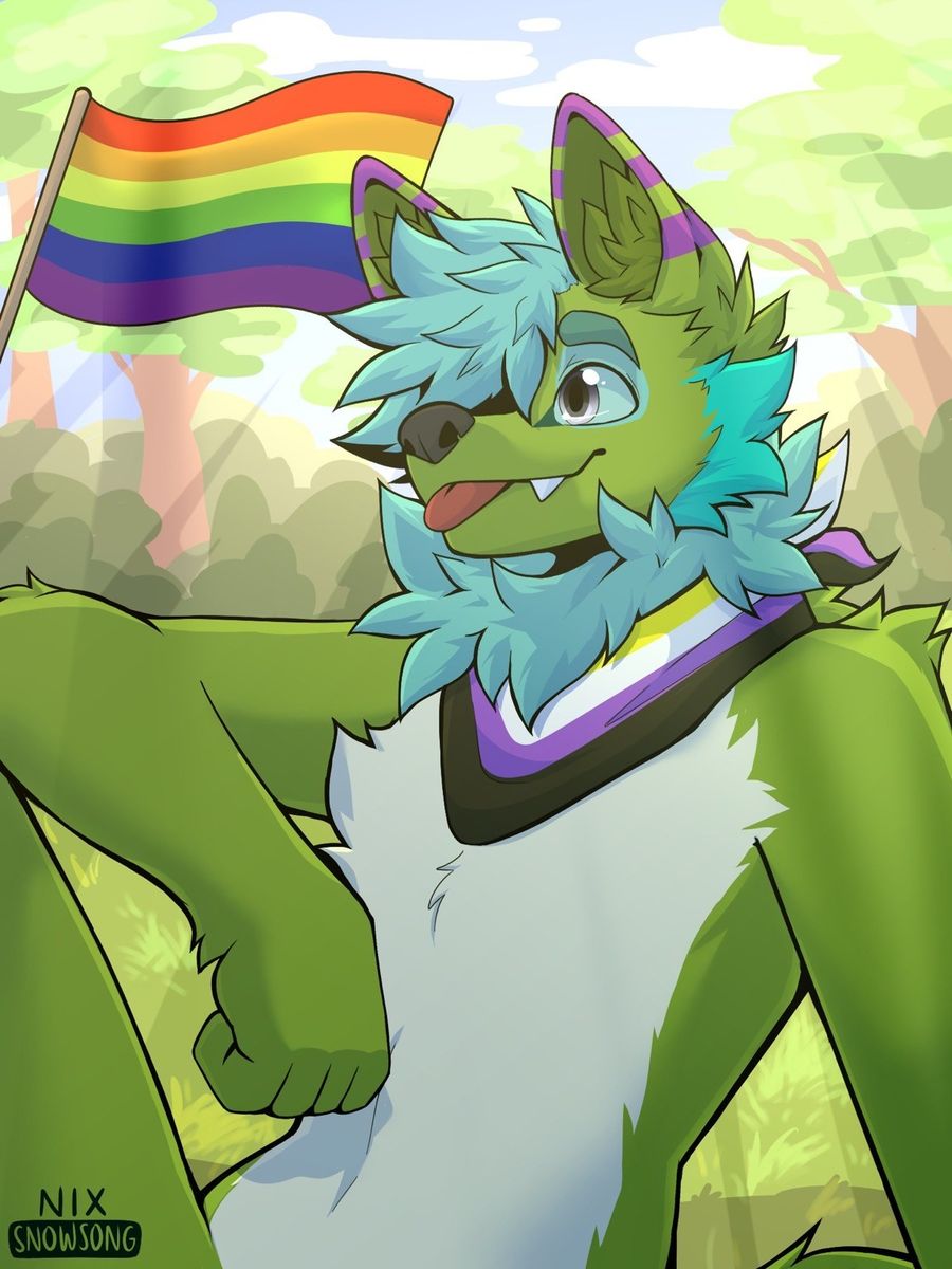 Griffin sitting in a reclined position in a forest, wearing a bandana of the non-binary flag colours, alongside a rainbow flag